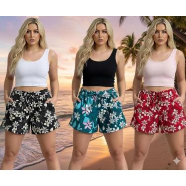 Imagem de Kit 3 Shorts Estampados em Liganete Feminino com Elástico e Bolsos - B