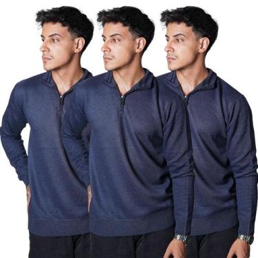 Imagem de Kit 3 Blusa Polo Meio Zíper Masculino Manga Longa 100 Poliéster Outono