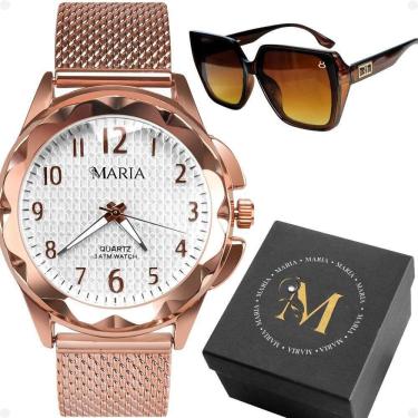 Imagem de Kit Relógio e Óculos de Sol Feminino Orizom Maria Analógico com Pulseira em Aço Inox Rosê