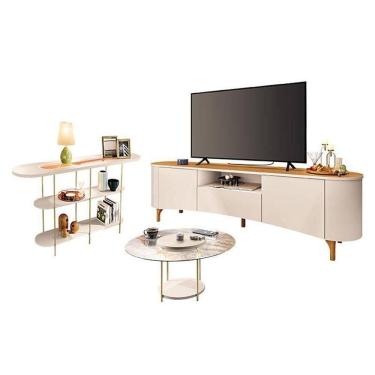 Imagem de Rack Bancada Elara Off White Cinamomo E Mesa De Centro Sky Com Tampo De Vidro E Aparador Infinity Off White - Hb Móveis