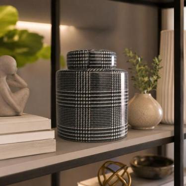 Imagem de Pote Potiche Vaso Porcelana Xadrez Preto Branco Decorativo - Btc