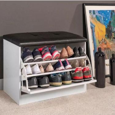 Imagem de Sapateira Puff Bau Versatile Premium Luxo Até 12 Pares Branco - Estofado Preto