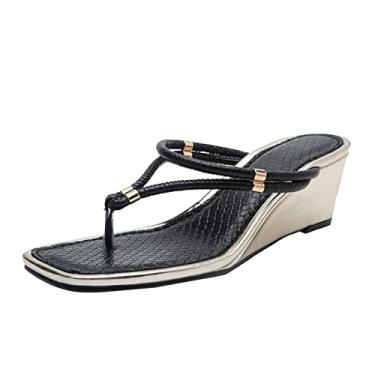Imagem de Sandálias de baixo femininas sapatos de couro de lã de bico fino moda, Preto, 6.5