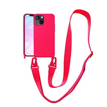 Imagem de VooDirop Capa compatível com iPhone 13 Mini com cordão transversal para iPhone capa com alça ajustável à prova de choque proteção contra quedas capa de telefone de silicone para iPhone 13 Mini 5,4 polegadas rosa neon