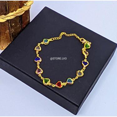 Imagem de Pulseira Bracelete Feminino Coração Colorido Pedras Cristais Coloridas