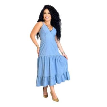 Imagem de Vestido jeans  midi com babados e alçinhas - BERILO JEANS, Azul, GG