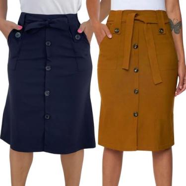 Imagem de Kit 2 Saias Midi Babado Moda Evangélica Com Botões e Bolsos - Look Mod