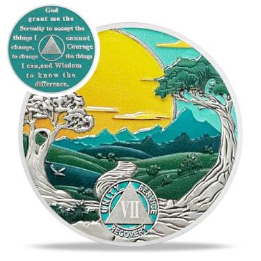 Imagem de Moeda verde de sobriedade de 7 anos - Sol de recuperação moedas AA de sete anos - lascas e medalhões AA da Mountain Tree Road - 1-20 presentes Prime Sobriety Chip Alcoólicos Anônimos para homens e