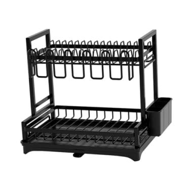 Imagem de JISADER Escorredor de pratos de 2 níveis, suporte para copos, pia estável, bandeja de escorredor de pratos de metal com tábua de drenagem para hotel, trailer, Preto