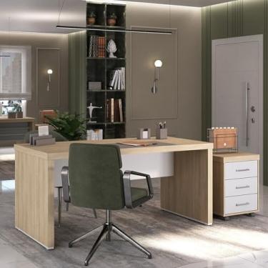 Imagem de Mesa para Escritório Diretor 140cm em Tamburato com Gaveteiro 3 Gavetas Carvalho/Branco