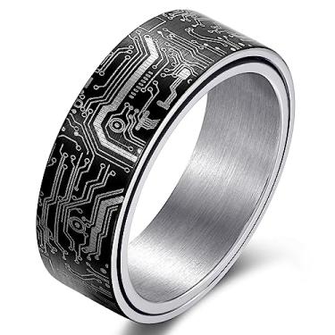Imagem de Adreamz Anel com padrão de placa de circuito de computador de 8 mm preto/prata/azul/ouro - anel giratório de aço inoxidável para alívio da ansiedade para homens, programador, aliança de casamento, 12