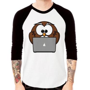 Imagem de Camiseta Raglan Coruja Internauta Manga 3/4 - Foca na Moda, Branco, Pr