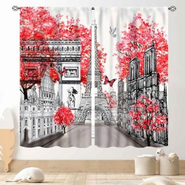 Imagem de Cortinas da Torre Eiffel de Paris, Paisagem da Cidade Europeia, Marco Famoso Paisagem Urbana Romântica Moderna Vermelha Meninas Mulher Cortina de Janela para Quarto, Sala de Estar, Cozinha, Banheiro,