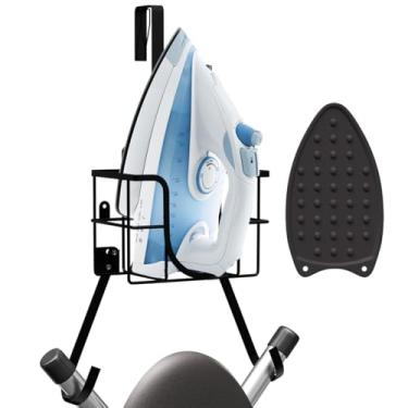 Imagem de Hearth & Harbor Suporte de tábua de passar roupa de parede e gancho sobre a porta, armazenamento de lavanderia e organização economia de espaço, ferro e tábua de passar cabide em forma de T & V, preto