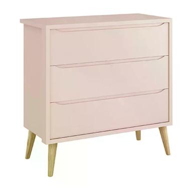 Imagem de Cômoda Infantil Theo 3 Gavetas Rosa Fosco Com Pés Madeira Natural - Reller Móveis Rosa Fosco