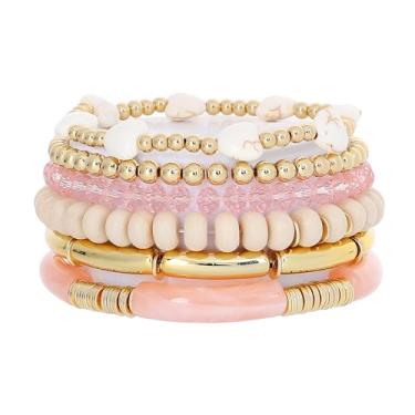 Imagem de GOOJIDS Pulseira simples com contas banhadas a ouro grosso tubo de bambu curvado empilhável contas coloridas de acrílico transparente conjunto de pulseiras banhadas a ouro para mulheres, 6.6 inches