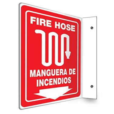 Imagem de Accuform Signs SBPSP445 Placa de projeção bilíngue espanhola 90D, Legend "Fire Hose/MANGUERA DE INCENDIOS (seta)", painel de 30,5 x 23 cm, plástico de alto impacto de 0,3 cm de espessura, branco sobre