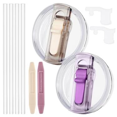 Imagem de Dsnirasy Pacote com 2 tampas à prova de vazamento para Stanley H2.0 Quencher de 1,134 g, substituição sem derramamento de tampas 1,134 g para Stanley ProTour, com bocal removível (creme + roxo claro)