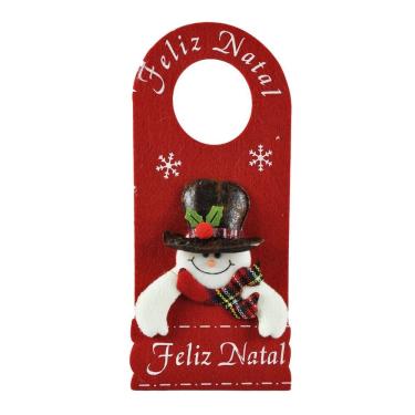Imagem de Enfeite Decora Maçaneta Feliz Natal Pelúcia Boneco de Neve Gorro Xadrez 30cm - Master Christmas