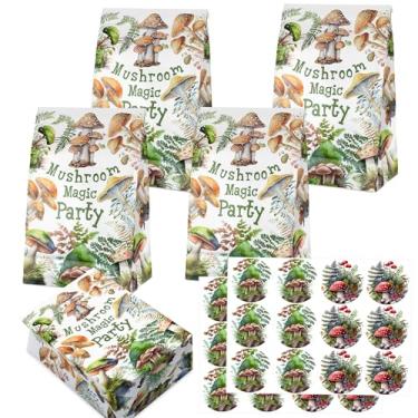 Imagem de Pacote com 24 sacos de lembrancinhas de festa de cogumelos com adesivos para crianças – Sacos de brindes de jardim de fadas, decorações de aniversário de cogumelos, suprimentos de festa na natureza