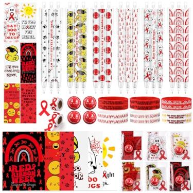 Imagem de Epakh Conjunto de 60 conjuntos de fita vermelha Semana AIDS/HIV Cancer Awareness Favor Set Diga Não às Drogas Bloco de Notas Pulseira Esferográfica Bola de Estresse Adesivo Fita Vermelha Sobreviventes