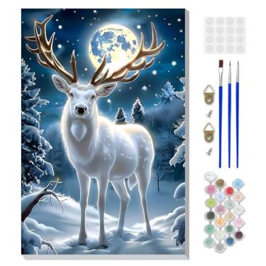 Imagem de DOMROM Kit de pintura emoldurada de Natal por números para adultos com cavalete de madeira, kit de pintura de veado por número para iniciantes, kits de pintura a óleo DIY para decoração de parede de