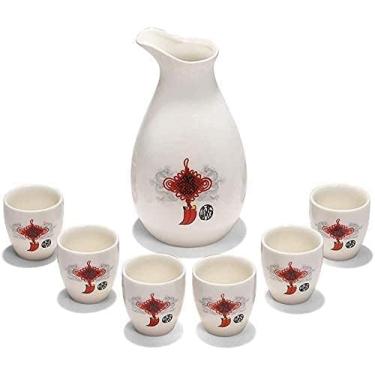 Imagem de JOEUQK Copo de vinho artesanal, conjunto de 7 peças de saquê, conjunto de taças de vinho de cerâmica, design de padrão de nó chinês, para saquê frio/quente/saquê/shochu/chá, o melhor presente para