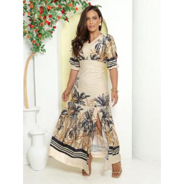 Imagem de Vestido Longo Básico Elegante Verão Dia a Dia Soltinho Rodado com Elas