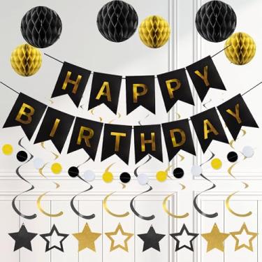 Imagem de Decorações pretas de festa de feliz aniversário – faixa com bolas de colmeia e flâmulas, guirlanda de círculo, decoração de aniversário colorida para mulheres, homens, meninos e meninas