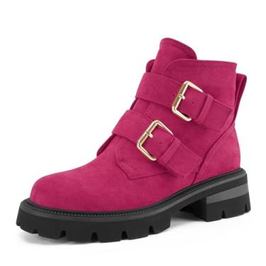 Imagem de Perisis Botas femininas de salto grosso, salto grosso, cano baixo, camurça, plataforma, preta, confortável, com fivela de zíper lateral, Rosa choque, 38
