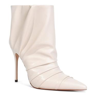 Imagem de JANSEVEN Botas de cano curto femininas de salto alto com franzido moderno bota sexy bico fino stiletto salto alto botas confortáveis botas curtas de puxar bota social 10 cm, Bege, 38