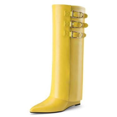 Imagem de Perisis Botas femininas dobráveis cano alto tubarão salto cunha fivelas de couro bico fino puxar botas longas, Poliuretano amarelo, 40
