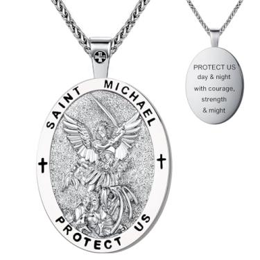 Imagem de Colar de medalhão oval de São Miguel, cobre banhado a ouro, pingente de 5 x 3 cm com corrente de 40 cm + 5 cm, medalha de oração de proteção religiosa, colares com pingente de cruz religiosa com
