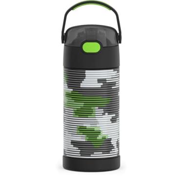 Imagem de THERMOS FUNTAINER Garrafa de água com canudo - 340 g - Garrafa de água infantil isolada a vácuo de aço inoxidável com tampa, camuflagem em linha
