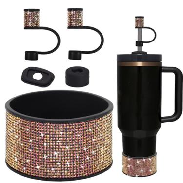 Imagem de Conjunto de acessórios de copo Stanley de strass, bota de silicone com glitter de diamante para acessórios Stanley 1,134 g (serve para 850 g, preto dourado)