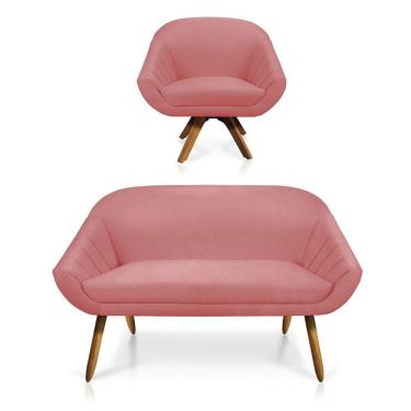 Imagem de Kit 01 Namoradeira 02 Lugares E 01 Poltrona Giratória Giovana Suede Base Madeira Mm30 D'rossi Rose