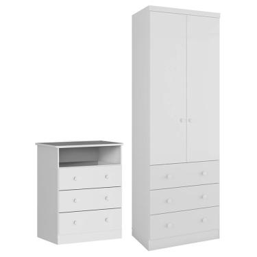 Imagem de Jogo De Quarto Infantil Smim Guarda Roupa 2 Portas E Cômoda 3 Gavetas Branco Brilho - Móveis Peroba Branco Brilho