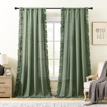 Imagem de Cortinas com babados verde-sálvia escura 246 cm de comprimento, 2 painéis, L 147 x C 246 cm, cortinas rodadas boho texturizadas de linho para sala de estar, bolso de varão, filtro de luz