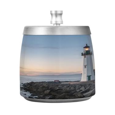 Imagem de Qilmy Cinzeiro de aço inoxidável com tampa para farol com vista para o mar - Cinzeiro de cigarro à prova de vento sem cheiro sem fumaça para casa, escritório, carro, pátio, varanda (uso interno e