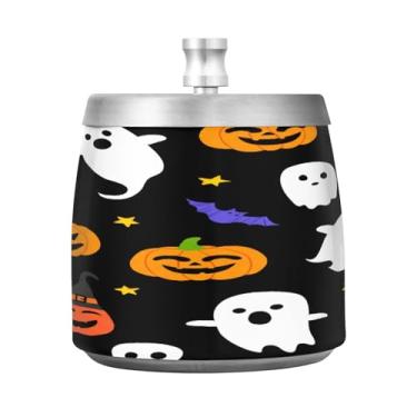 Imagem de Qilmy Cinzeiro de aço inoxidável padrão de Halloween com tampa - Cinzeiro de cigarro à prova de vento sem cheiro sem fumaça para casa, escritório, carro, pátio, varanda (uso interno e externo)