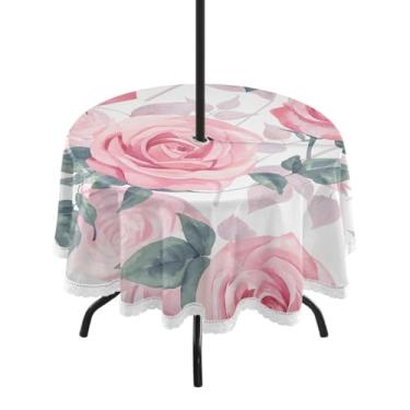 Imagem de Qilmy Toalha de mesa redonda impermeável Roses de 152 cm com orifício para guarda-chuva e zíper – Uso externo / interno resistente para pátio, churrascos, piqueniques, festas (serve para mesas