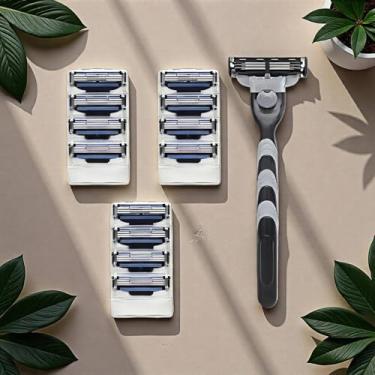 Imagem de Navalha manual, barbeador masculino portátil (1 suporte de faca + 12 lâminas), lâmina de 3 camadas antiarranhões, cuidados com a pele confortável, adaptável a vários cenários