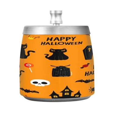 Imagem de Qilmy Cinzeiro de aço inoxidável Happy Halloween com tampa - Cinzeiro de cigarro à prova de vento sem cheiro sem fumaça para casa, escritório, carro, pátio, varanda (uso interno e externo)