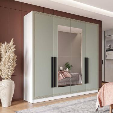 Imagem de Guarda Roupa Roupeiro 4 portas 4 gavetas com Espelho Valência Branco Verde Politorno Móveis