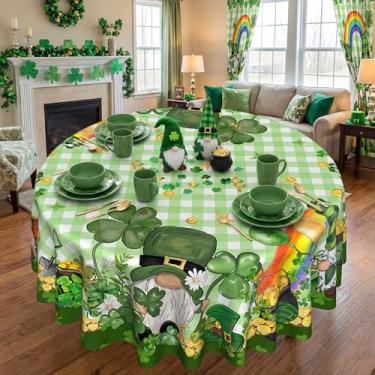 Imagem de Dolficy Toalha de mesa redonda para Dia de São Patrício, 152 cm, decorações de São Patrício para casa, trevos trevos, gnomos, toalhas de mesa de poliéster para piquenique, festa, jantar