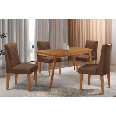 Imagem de Conjunto: Mesa Sala Jantar Havana Tampo Curvo 120cm+4 Cadeiras Pietá Madeira Naturale - Capuccino/Suede Marrom - Rufato