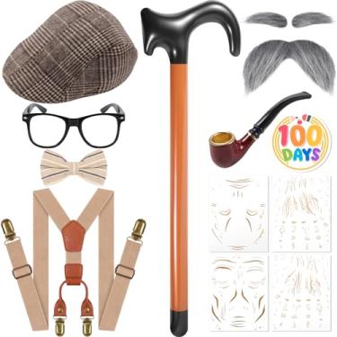Imagem de Fabllewavi 9 peças fantasia de velho avô – suspensórios gravata borboleta chapéu sobrancelhas falsas bigodes óculos tatuagem crachá bengala para cosplay, Caqui, Standard