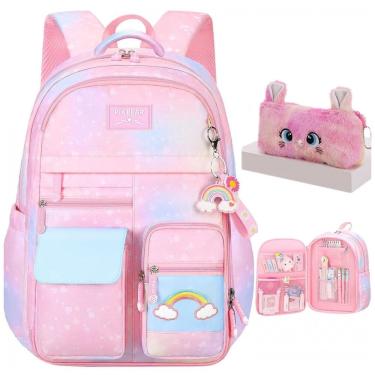 Imagem de Mochila escolar infantil kistou arco-íris com estojo de pelúcia, oxford impermeável, grande capacidade, rosa e roxa