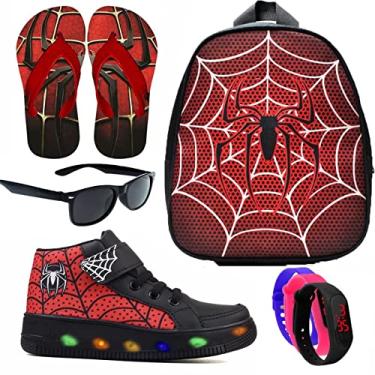 Imagem de Botinha De Led Led Masculino Aranha Meninos Estilo Calce Facil + Mochila Chinelo e Brindes Cor:Preto; Tamanho:24