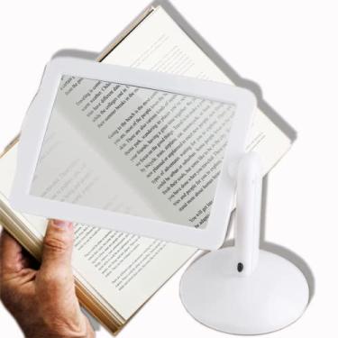 Imagem de 3X lupa de página inteira grande mãos livres, lupa rotativa de 360° com luz e suporte, lupa portátil de LED para leitura, presentes para idosos, visão baixa, leitura com mãos livres